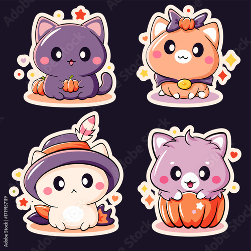 Adorable cats set. Happy Halloween collection with cute kitty in kawaii style. Can be used for t-shirt print, sticker, greeting card, badge design. Vector illustration EPS8