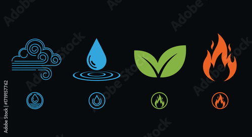 Four classical elements icon set air water earth and fire. Vector Illustrations. EPS Editable