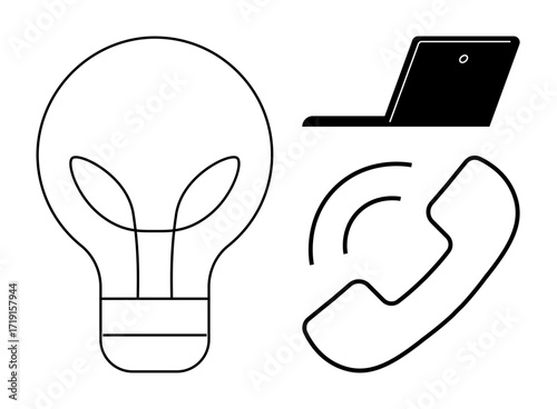 Light bulb, laptop, and ringing phone in simple black outlines. Ideal for communication, creativity, technology, idea-sharing, business remote work and sustainability. Simple flat metaphor