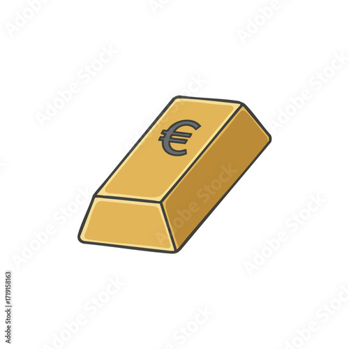 A minimalist vector illustration displays a golden bullion bar featuring the Euro currency symbol, signifying wealth, investment, and European economic markets.