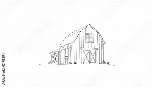 Minimalist continuous line drawing of a barn on white background, art