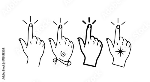 Hand drawn clicking finger icon set vector illustration Doodle style pointing hand cursor collection for web design. Vector Illustrations. EPS Editable