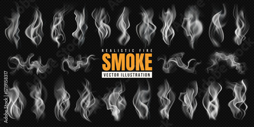 Creative overlay pack of realistic smog, transparent cloud, fire steam, fog, winter mist, chimney and cigarette fume, nature air wave, explosion pattern, food smoke silhouette and weather background.