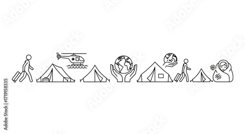 Hand drawn doodle icons of refugees travel and humanitarian aid. Vector Illustrations. EPS Editable