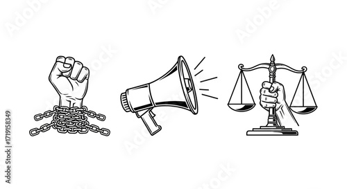 Hand drawn icons of protest freedom and justice. Vector Illustrations. EPS Editable