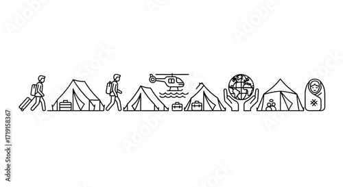 Hand drawn icons of refugees tents and global humanitarian aid. Vector Illustrations. EPS Editable