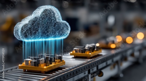 Factory sensors transmit data streams with glowing blue lights to cloud interface above production line in industrial setting