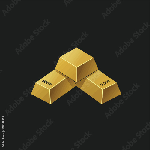 Three gleaming 999.9 purity gold bullion bars are meticulously stacked in an isometric illustration, symbolizing wealth, secure investment, and economic prosperity.