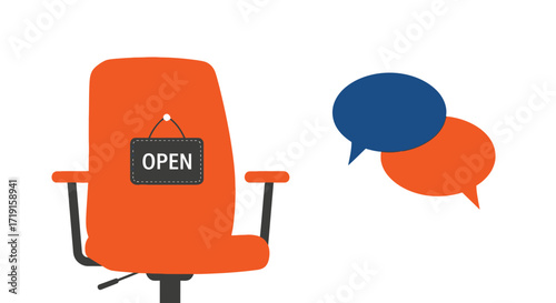 Job vacancy concept with an empty orange office chair and an open sign next to speech bubbles. Vector Illustrations. EPS Editable