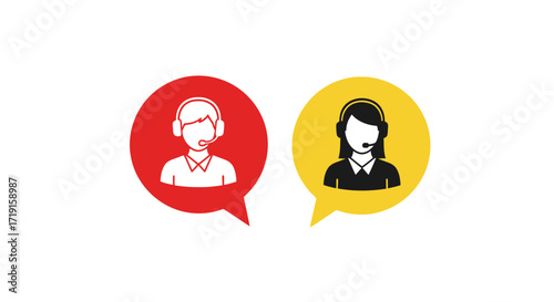 Male and female call center agent icons in speech bubbles. Vector Illustrations. EPS Editable