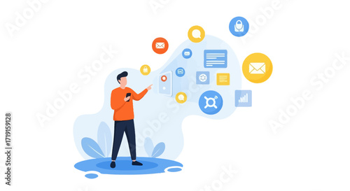 Man using smartphone with floating digital icons and services. Vector Illustrations. EPS Editable