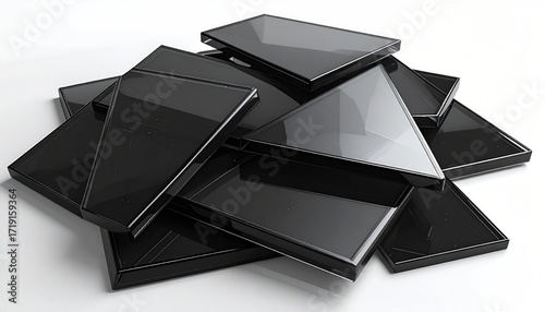 A pile of sleek, dark, geometrically shaped glass or plastic fragments reflect light on a white surface, creating a modern, abstract composition