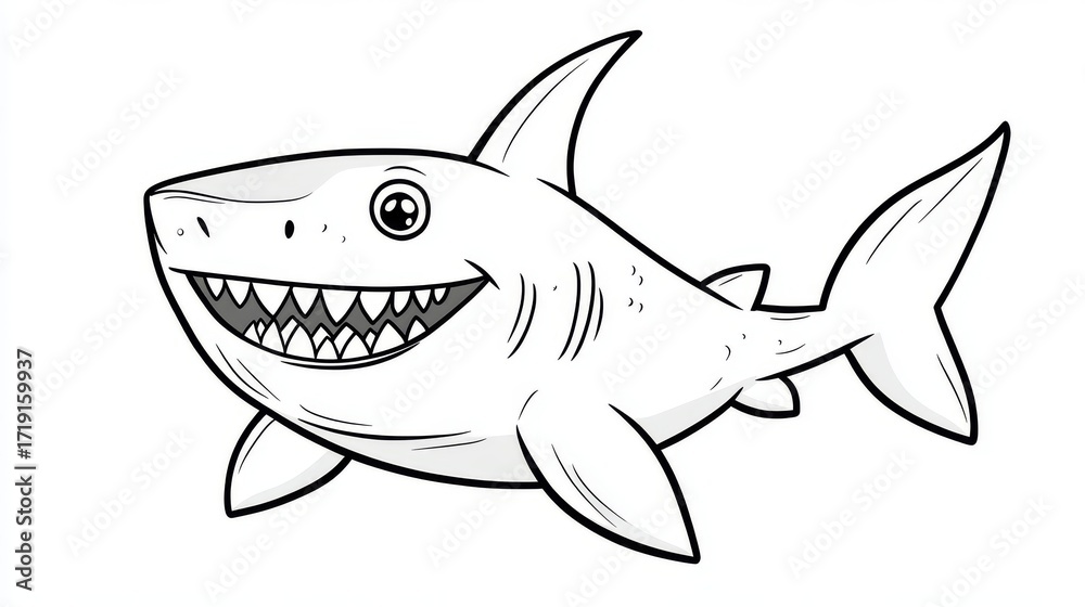 Fototapeta premium 32.A black-and-white vector illustration of a cartoon shark for a kidsâ€™ alphabet coloring book. The shark has a large, friendly face with big, round eyes and a wide grin. Its body is sleek and
