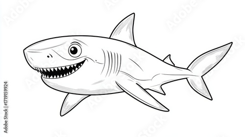 31.A vector cartoon shark designed for an alphabet coloring book for kids. The shark is outlined in black-and-white with bold, thick lines, making it easy for children to color. Its body is sleek and