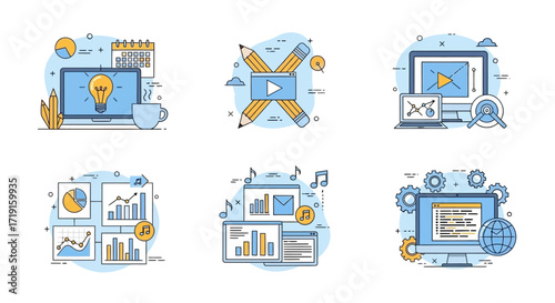 Modern line art illustration set for digital marketing content creation and data analysis concepts. Vector Illustrations. EPS Editable