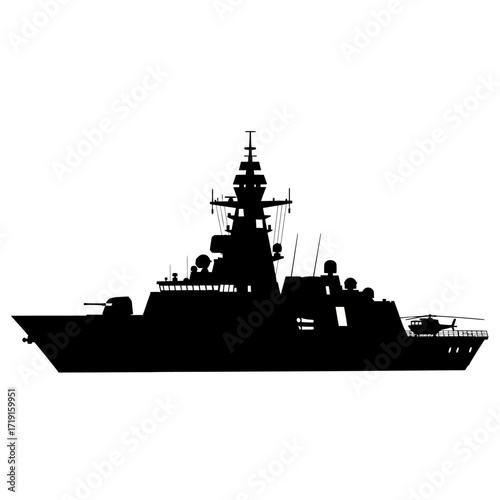 Modern naval warship frigate or destroyer silhouette vector graphic. Vector Illustrations. EPS Editable