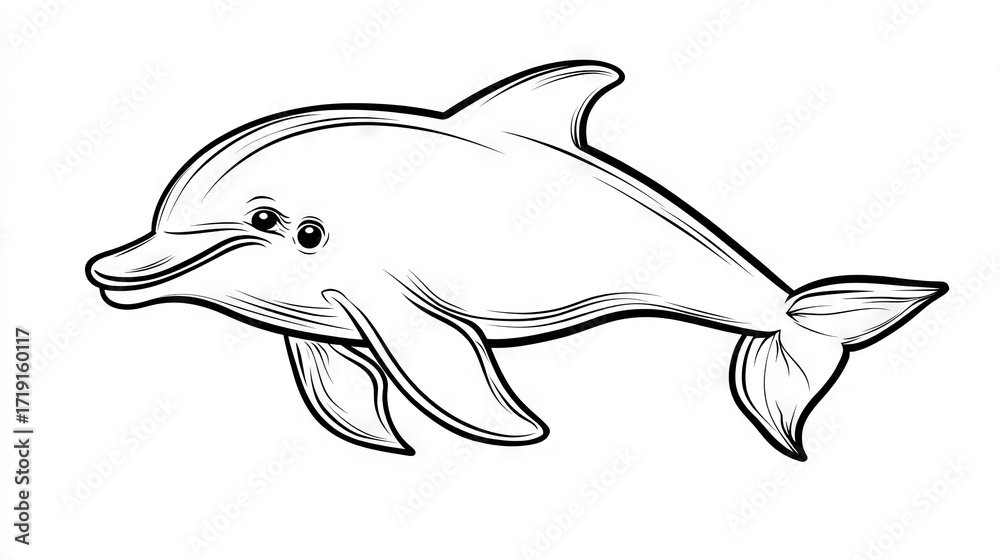 Obraz premium 36.A hand-drawn vector illustration of a playful dolphin, perfect for a children's coloring book. The dolphin has a smooth, curved body and a joyful expression, with its fins elegantly arched. Its