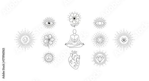 Mystical esoteric symbols set with meditating person sun eye heart and flowers line art. Vector Illustrations. EPS Editable