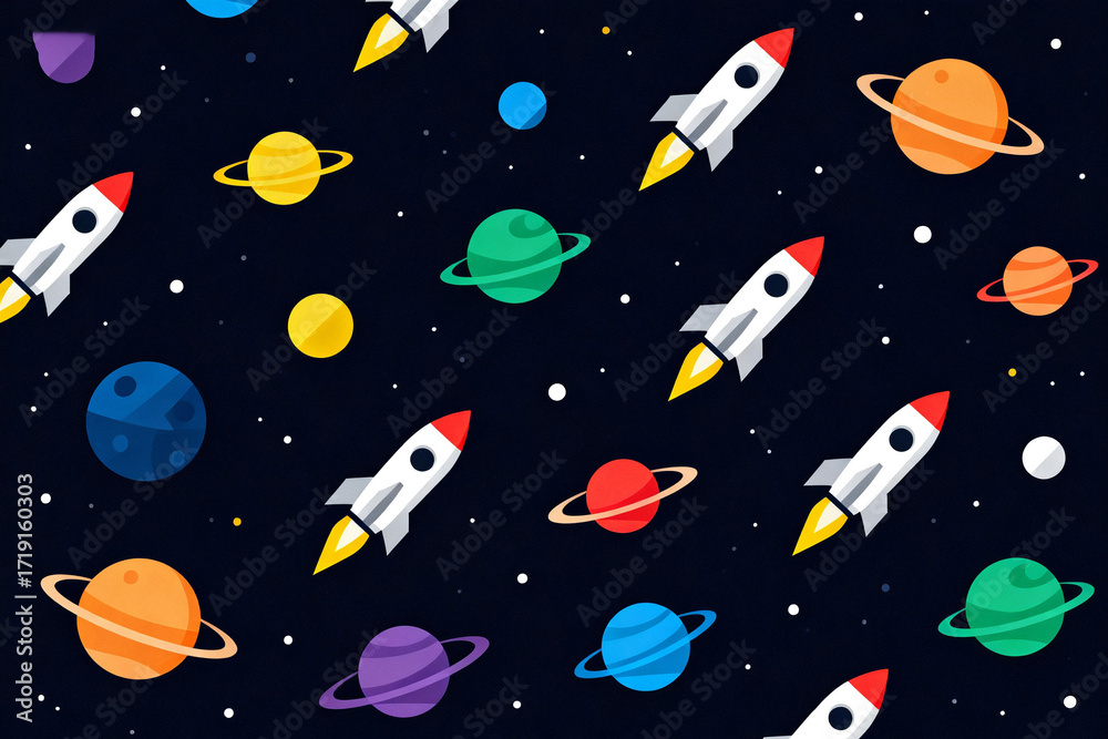 Naklejka premium Colorful cartoon rockets and planets on a starry space background