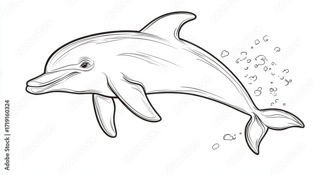 Fototapeta premium 40.A whimsical hand-drawn vector dolphin for a children’s coloring page. The dolphin has a soft, curved body and is shown jumping gracefully out of the water, with a happy expression and playful