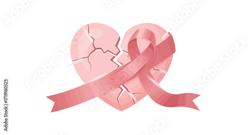 Pink Awareness Ribbon on a Shattered Heart Watercolor Painting. Vector Illustrations. EPS Editable