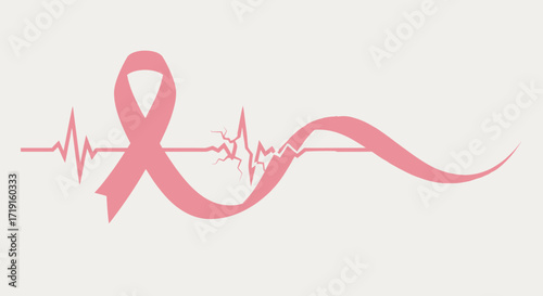 Pink breast cancer awareness ribbon with a heartbeat EKG line symbolizing life and health. Vector Illustrations. EPS Editable