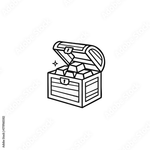 A simple line art illustration depicts an old wooden treasure chest overflowing with gleaming gold bars, symbolizing wealth, success, and hidden riches.