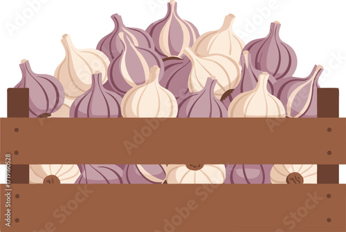 A wooden crate filled with harvested garlic bulbs, perfect for farm market visuals, healthy food packaging, harvest season, agriculture branding, and fresh produce designs