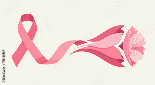 Pink ribbon symbol of breast cancer awareness transforming into a beautiful carnation flower. Vector Illustrations. EPS Editable