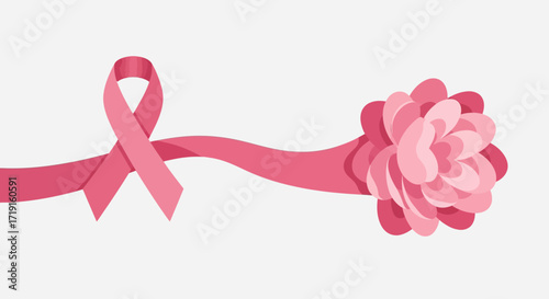 Pink Ribbon Symbol with Flower for Breast Cancer Awareness Month. Vector Illustrations. EPS Editable