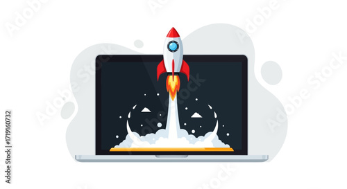 Rocket launching from a laptop screen symbolizing a successful business startup. Vector Illustrations. EPS Editable