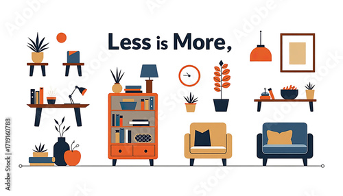 Interior design illustration demonstrating 'Less is More' philosophy with modern furniture and decor