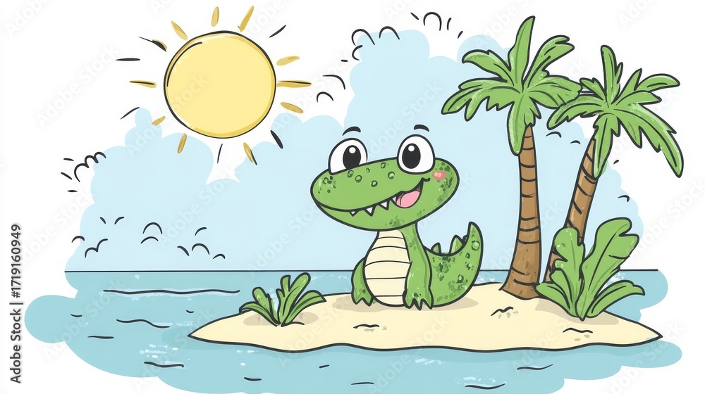 Naklejka premium 52.A playful kawaii-style cartoon alligator on a small tropical island, surrounded by palm trees and a serene blue ocean. The alligator is smiling and has exaggerated, adorable features like big eyes