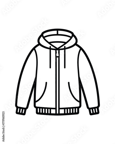 Simple black and white line drawing of a zip-up hoodie vector illustration for apparel design silhouette vector illustration white background