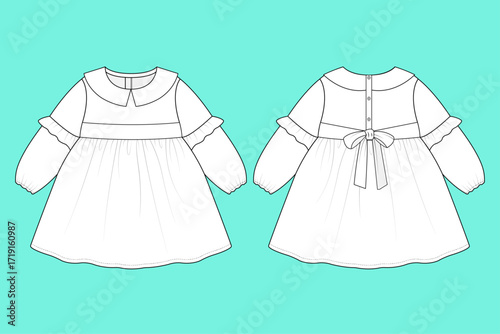 Baby Girls Peter Pan Collar Neck Long Puff Sleeves Fashion Dress Technical Flat Sketch Vector Template.
