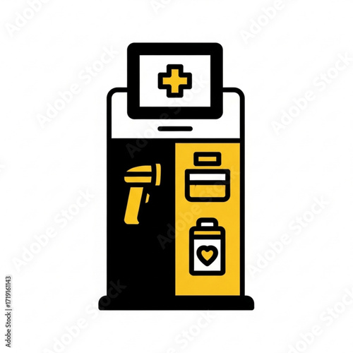 Vector art of health kiosk with scanner and medical supplies