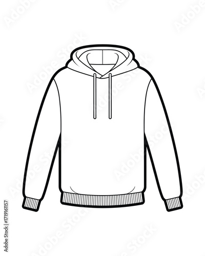 Simple black and white line drawing of a hoodie vector graphic for apparel design and mockups silhouette vector illustration white background