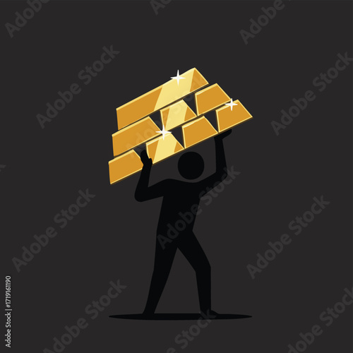 A determined silhouette figure triumphantly lifts a substantial stack of gleaming gold bars, symbolizing immense wealth, success, and the weighty responsibility of prosperity.