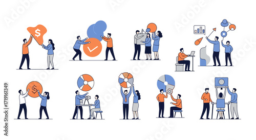 Set of Business People Collaborating on Finance and Technology Concepts. Vector Illustrations. EPS Editable