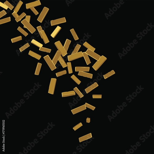 A dynamic cascade of shimmering golden rectangular bars gracefully descends against a deep black background, symbolizing prosperity and success.