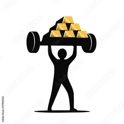 A powerful silhouette demonstrates remarkable strength by lifting a substantial stack of valuable gold, representing the burden and reward of financial achievement.
