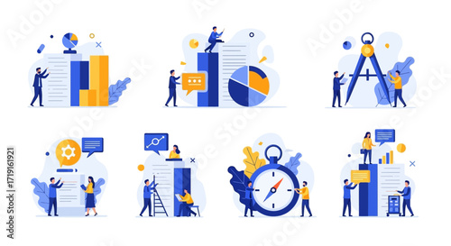 Set of flat design concept illustrations for business analysis project management and teamwork. Vector Illustrations. EPS Editable