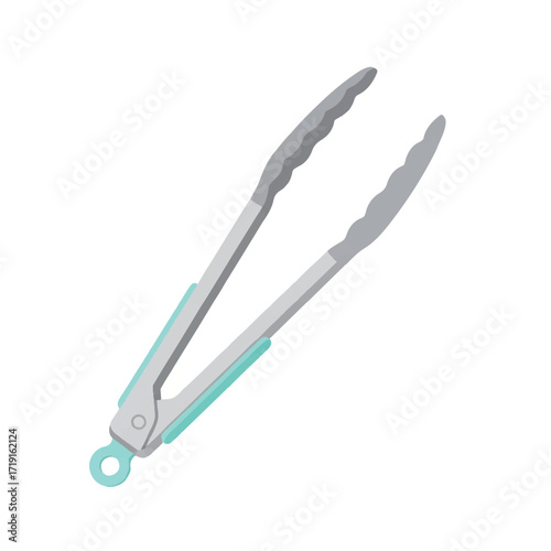 Close-up of silver kitchen tongs with teal accents on a white background.