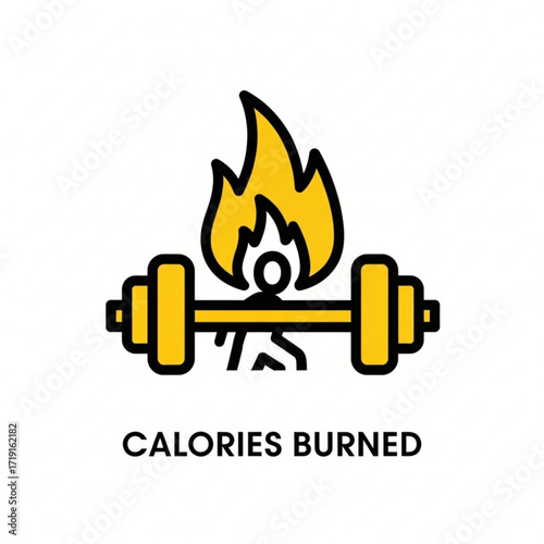 Vector art of fitness dumbbell with fire icon representing calories burned