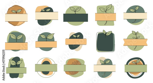 Set of hand drawn botanical labels and badges with leaves Organic eco friendly logo templates with copy space. Vector Illustrations. EPS Editable