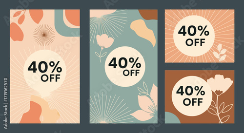 Set of modern social media post templates for sales and promotions with abstract floral designs and a 40 percent off discount. Vector Illustrations. EPS Editable
