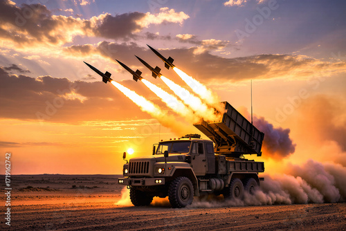 A military missile truck laucher in dessert firing missiles into the sky against dramatic sunset sky background