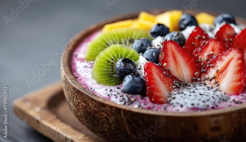 Colorful fruit bowl with yogurt base