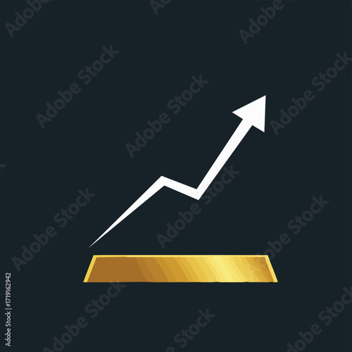 A dynamic white arrow graph shows significant upward growth from a gleaming golden base, symbolizing financial success and increasing prosperity.