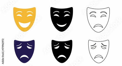Set of theatrical masks representing comedy and tragedy. Vector Illustrations. EPS Editable